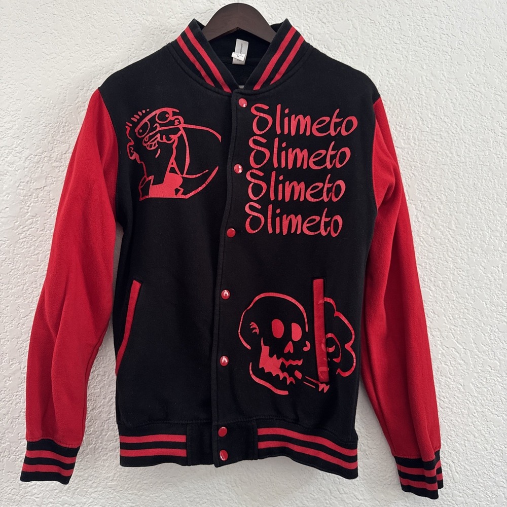 Just Hoods AWDis Slimeto Varsity Jacket Skull Snap Button Black/Red Men's Size M